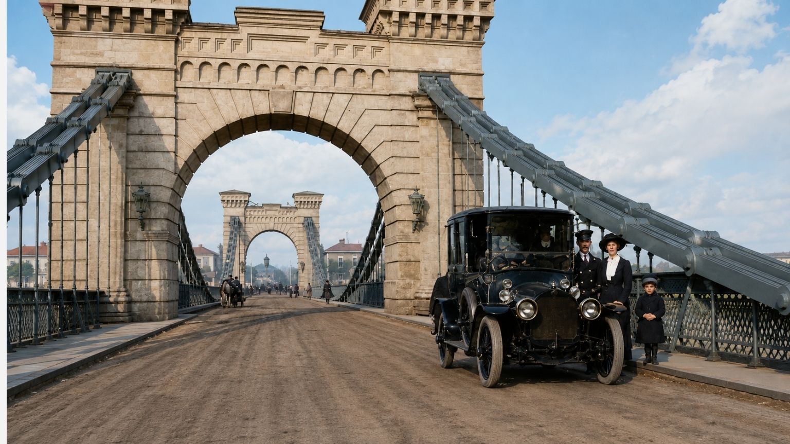 Перші автомобілі їдуть Миколаївським ланцюговим мостом у Києві, 1910–1912 роки.